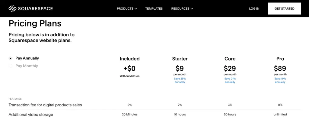 Screenshot of Squarespace Member Areas pricing comparison