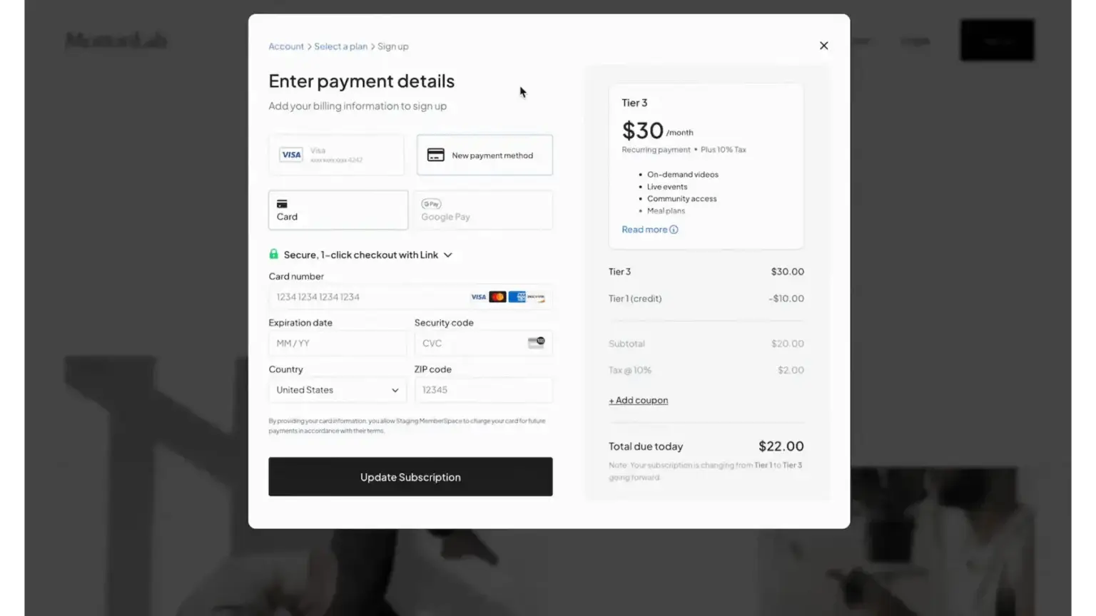 webflow membership site payment form